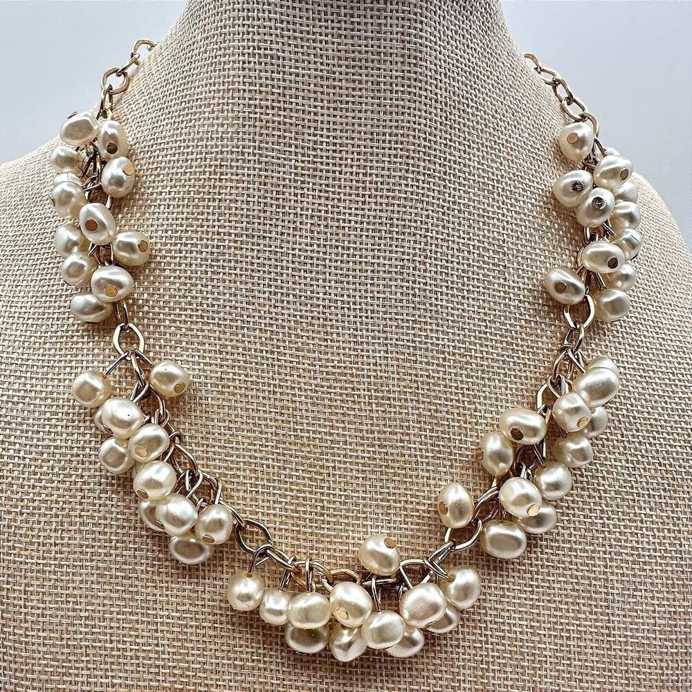 Vintage 90s Gold Tone Faux Baroque Pearl Multi Strand Cluster Necklace Jewelry